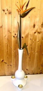 Strelitzie mit Teelicht, Vase Weiß matt