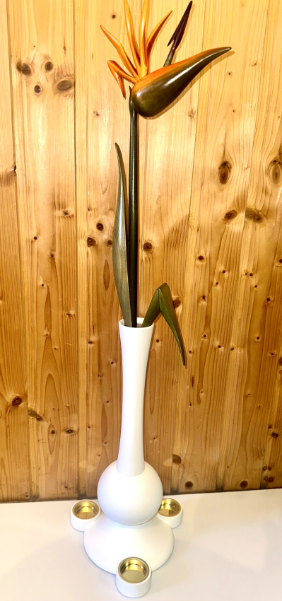 Strelitzie mit Teelicht, Vase Weiß matt